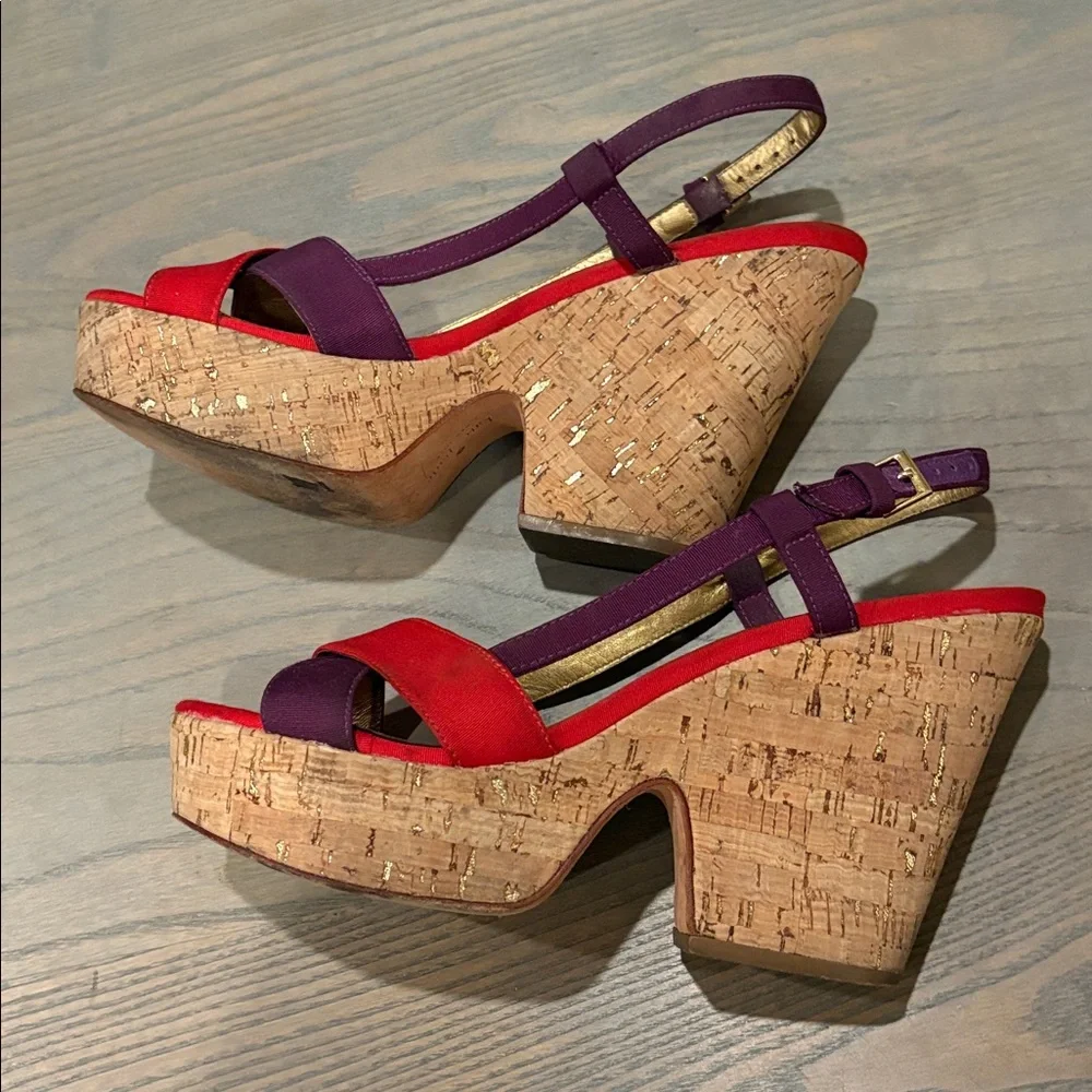 KATE SPADE Purple Red Colorblock Penny Cork Wedge Sandals